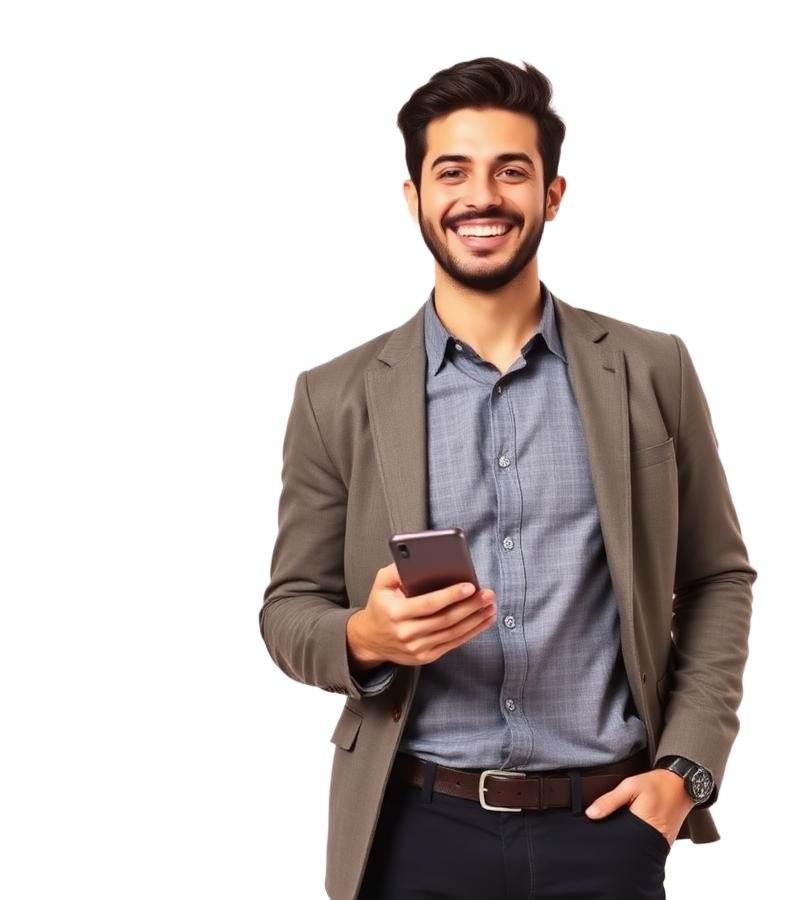 Profissional PJ sorrindo com smartphone